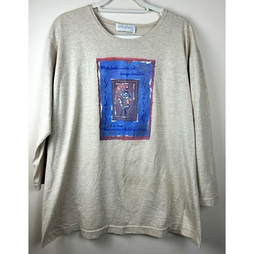 Vintage 90s Meg Lauren M Beige Graphic Print Crew Neck Long Sleeve Pullover Tee